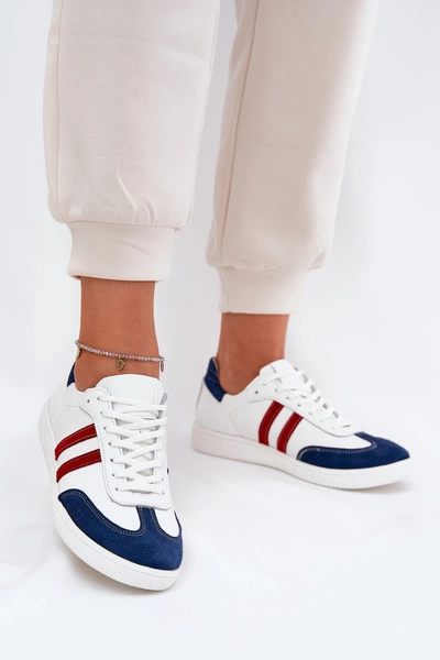 Zazoo N1068 Skórzane Niskie Sneakersy Damskie Biało-Granatowe