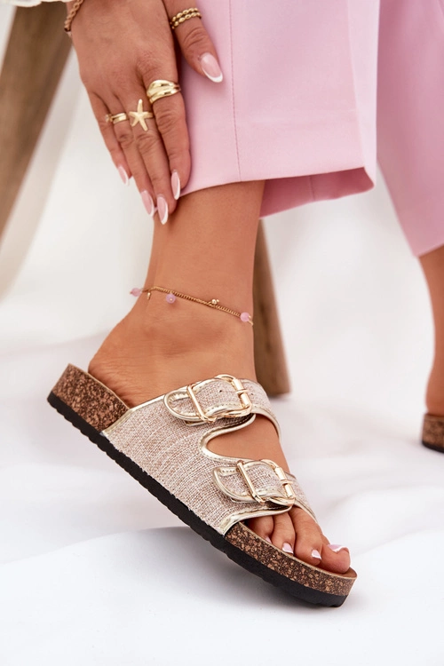 Materiałowe Klapki Damskie Na Korkowej Platformie Z Klamrami Złote Osoffe