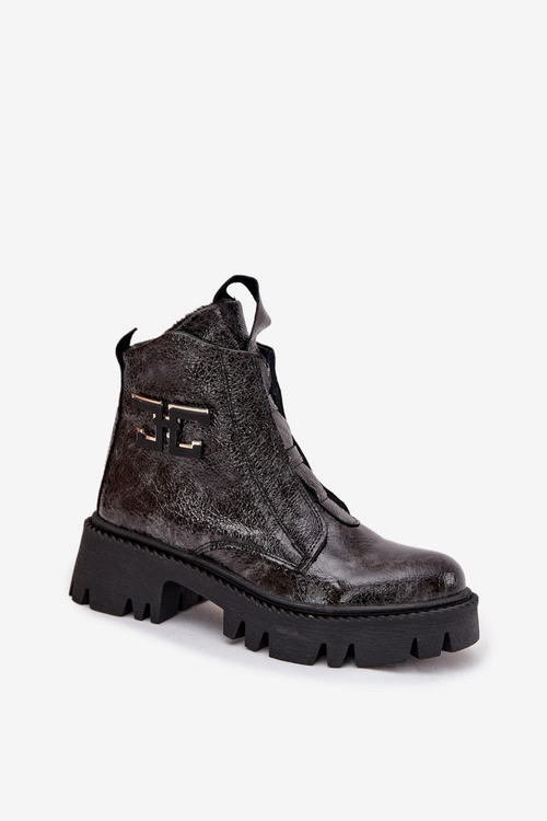 Skórzane Lakierowane Botki Damskie Z Ozdobą Ocieplane Artiker 57C2081 Grafitowe