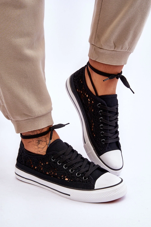 Damskie Koronkowe Materiałowe Trampki Czarne Fergo