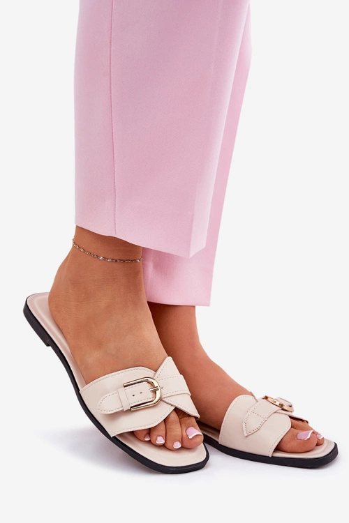 Płaskie Klapki Damskie Ze Złotą Klamrą Beżowe Esiobb