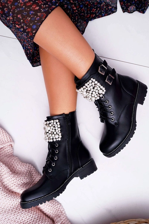 Botki Damskie Płaski Obcas Militarne Czarne Bemmer