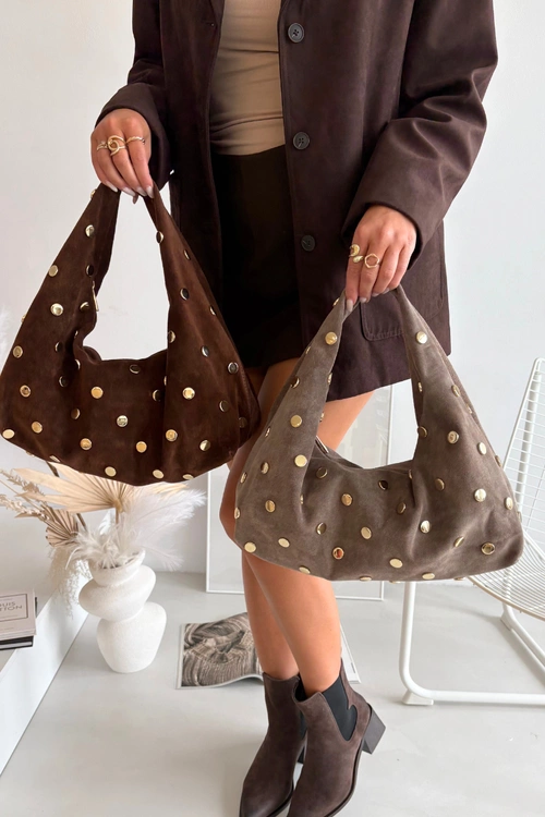 Skórzana Zamszowa Torebka Ze Zdobieniem Brązowa Narisse