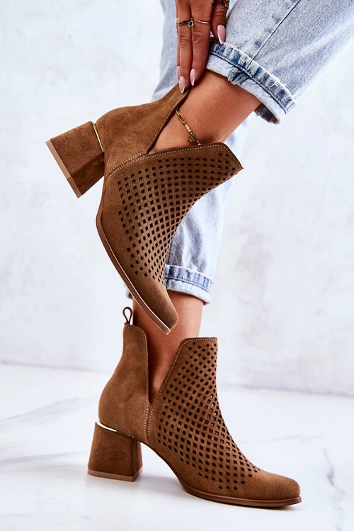 Zamszowe Ażurowe Botki Lewski Shoes 3165 Camel