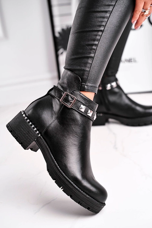 Botki Damskie Skórzane Ocieplane Laura Messi Czarne 2055