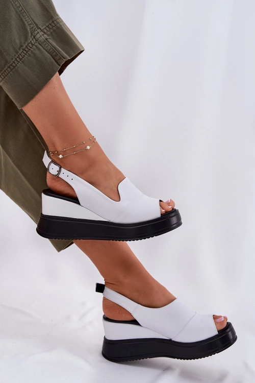 Skórzane Damskie Sandały Na Koturnie Artiker 52C0483 Białe