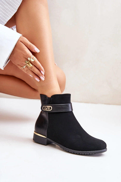 Ocieplane Botki Damskie Na Płaskim Obcasie Ze Złotym Detalem Czarne Ravasira