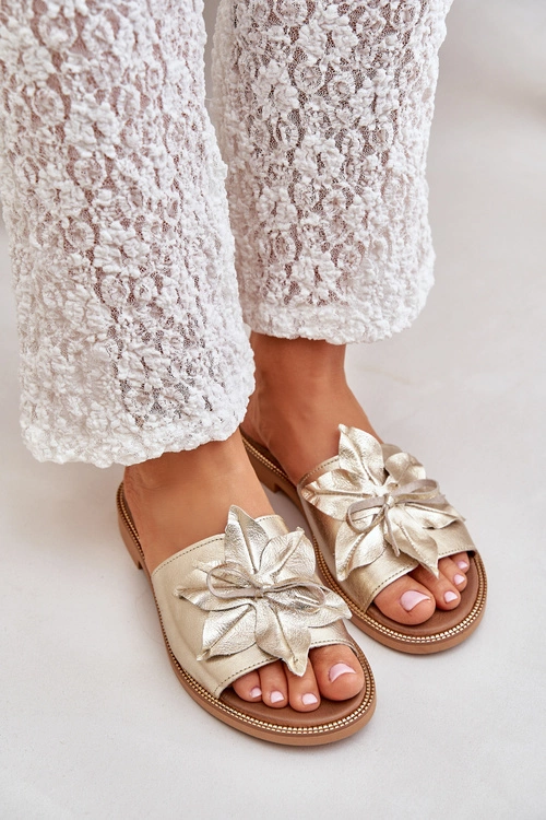 Klapki Z Ozdobą Skóra Naturalna Zazoo 3667 Złote