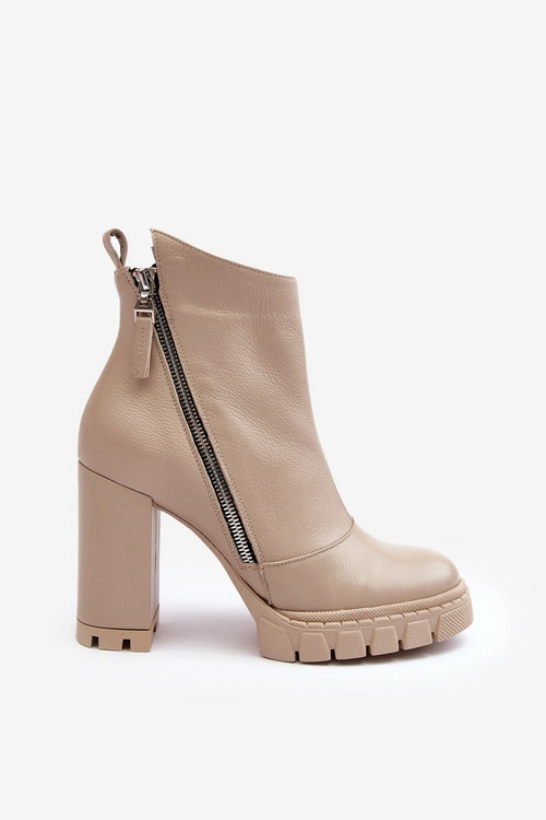 Modne Skórzane Botki Na Obcasie Laura Messi 2509 Jasnobeżowe