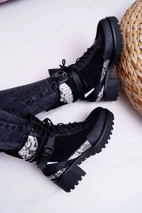 Damskie Botki Wysokie Trapery Snake Czarne Nemtere