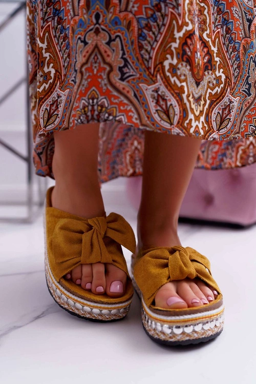 Klapki Damskie Z Kokardami Gruba Podeszwa Żółte Milady