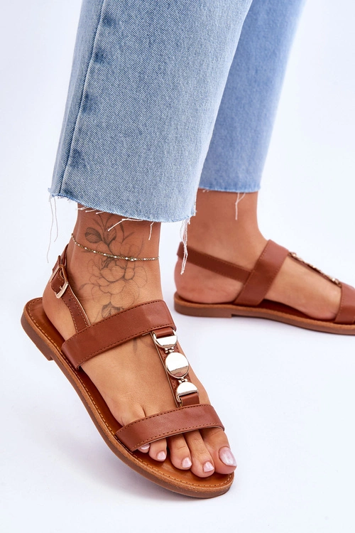 Damskie Płaskie Sandały Z Ozdobnym Paskiem Brązowe Berry