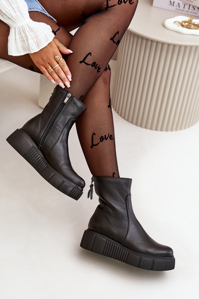 Zazoo 60369 Damskie Skórzane Botki Na Platformie Czarne