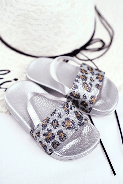 Dziecięce Klapki Dziewczęce Brokat Leopard Srebrne Rimia