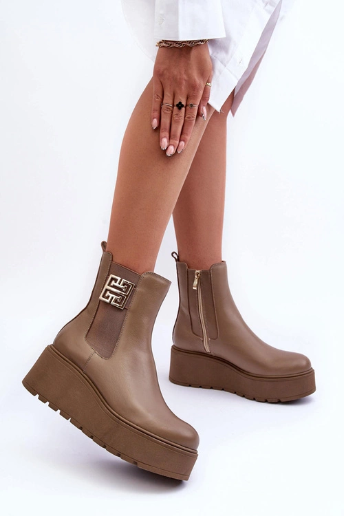 Damskie Skórzane Botki Na Masywnej Platformie Ciemnobeżowe Lemar Savira
