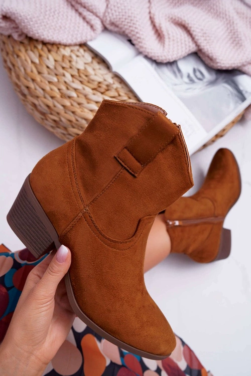 Botki Damskie Płaski Obcas Kowbojki Camel Telifa