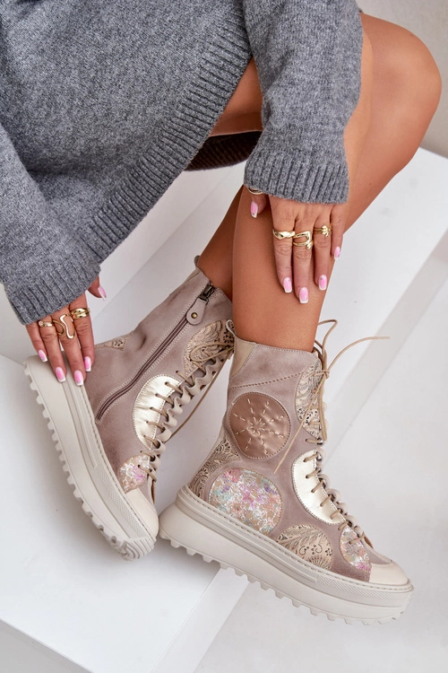 Skórzane Zamszowe Botki Na Platformie Ocieplane Maciejka 06565-04 Beżowe