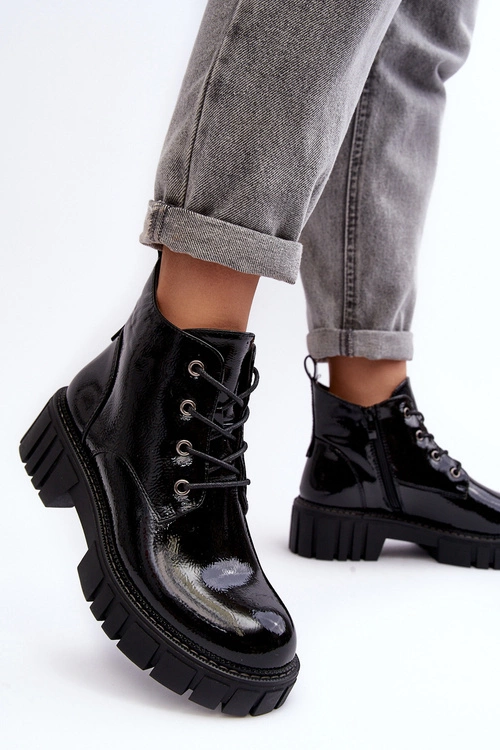 Lakierowane Ocieplane Botki Sznurowane Czarne Bjorg