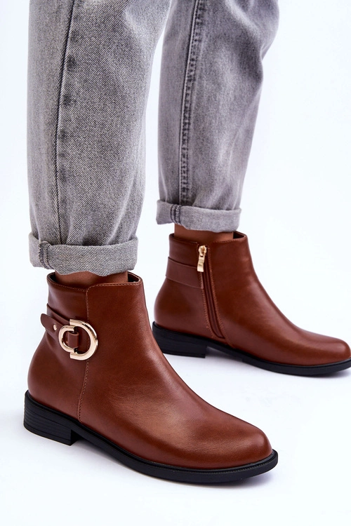 Skórzane Botki Na Płaskim Obcasie Brązowe Meronei