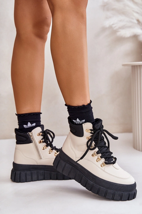 Damskie Ocieplane Botki Trapery Na Platformie Beżowe Jelenia