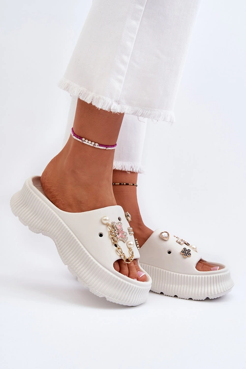 Damskie Piankowe Klapki Z Ozdobami Białe Afariana