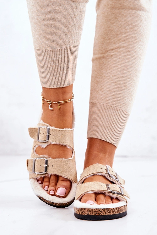 Zamszowe Ocieplane Klapki Beżowe Adeline