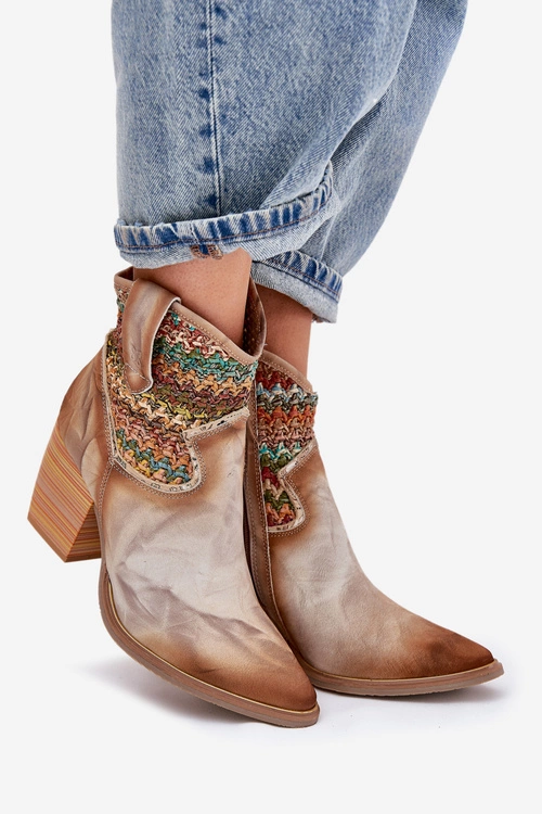 Skórzane Botki Kowbojki Na Słupku Z Ozdobną Plecionką Maciejka 06810-29 Multikolor