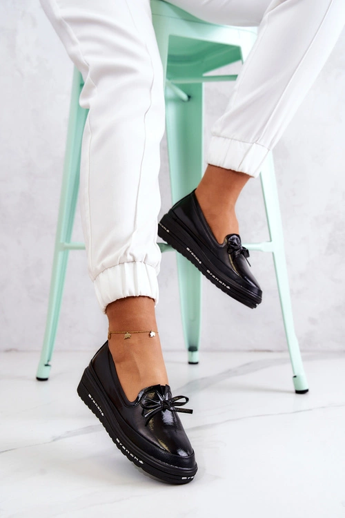 Damskie Lakierowane Mokasyny Na Koturnie Czarne Frilly