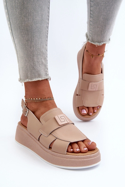 Skórzane Sandały Damskie Na Platformie I Koturnie Ciemnobeżowe Vivitellia