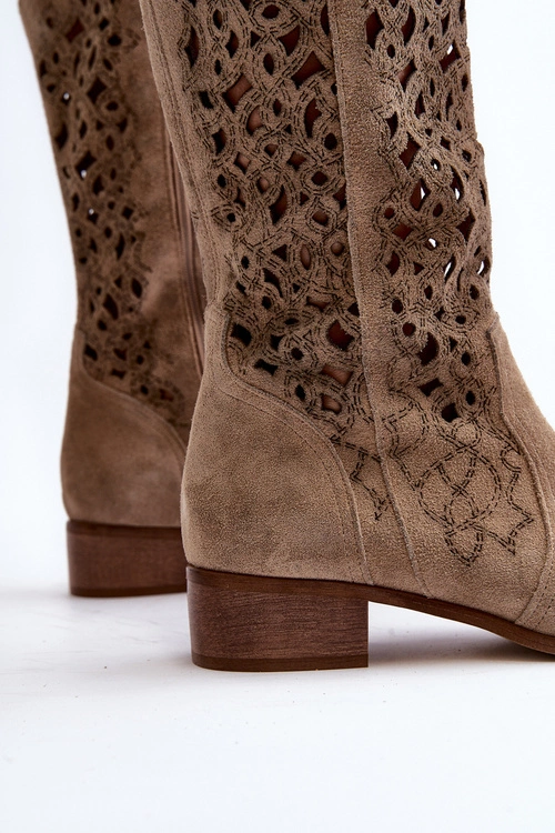 Zazoo 3403 Ażurowe Kozaki Damskie Na Niskim Obcasie Jasnobeżowe