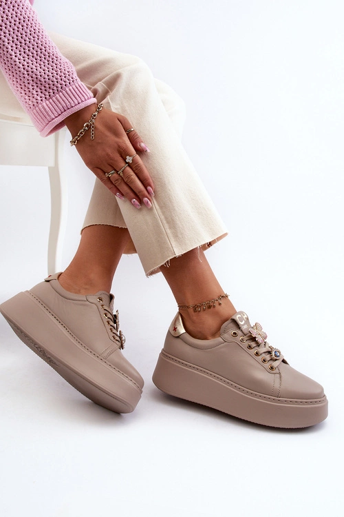 Damskie Skórzane Sneakersy Z Ozdobami CheBello 4292 Beżowe