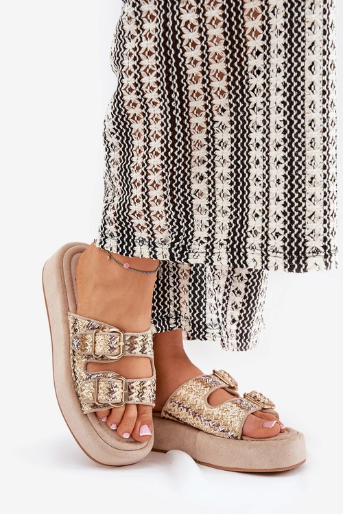 Klapki Damskie Na Platformie Z Klamrami I Plecionką Khaki Limme