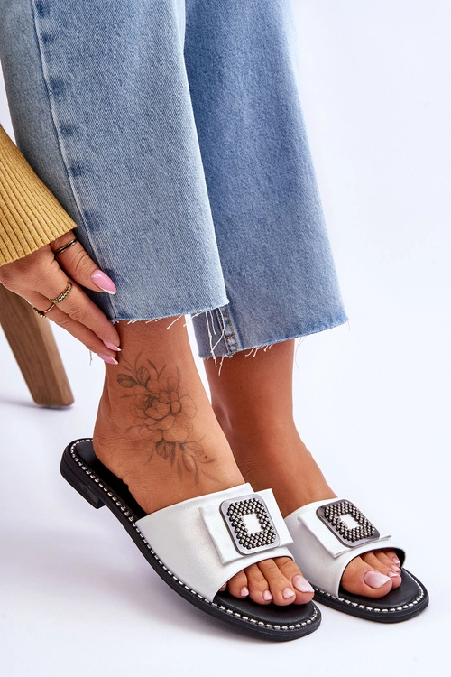 Damskie Skórzane Klapki Z Dżetami S.Barski KV-2775-33 Srebrne