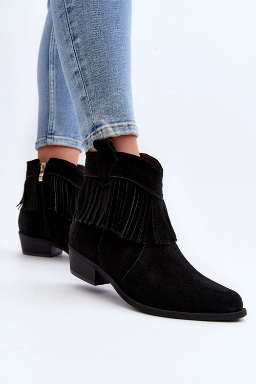 Zazoo 3430 Zamszowe Botki Damskie Z Frędzlami Czarne