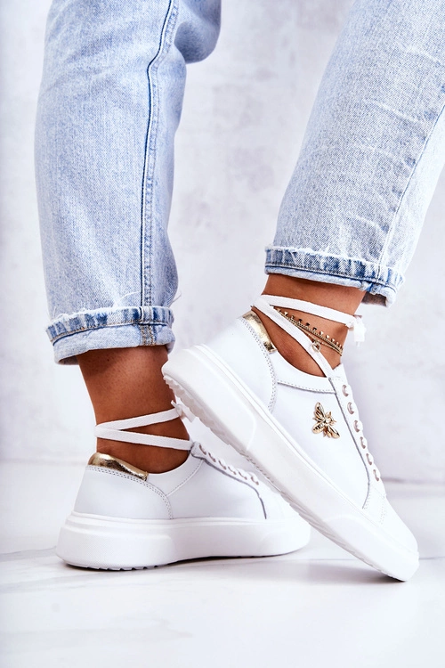 Skórzane Buty Sportowe Z Ozdobą Białe Calerie