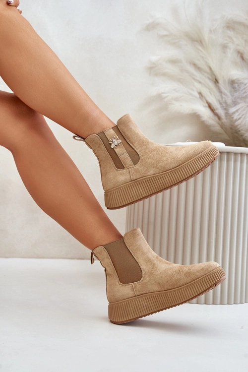 Wsuwane Botki Damskie Na Platformie Z Przypinką Eko Zamszowe Brązowe Ciatheia