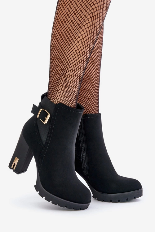 Botki Damskie Ze Złotą Klamrą Na Słupku Ocieplane Czarne Erilanes