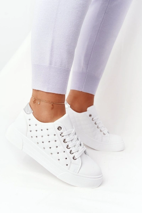 Damskie Tenisówki Z Pikowaniem Biało-Srebrne Fondness