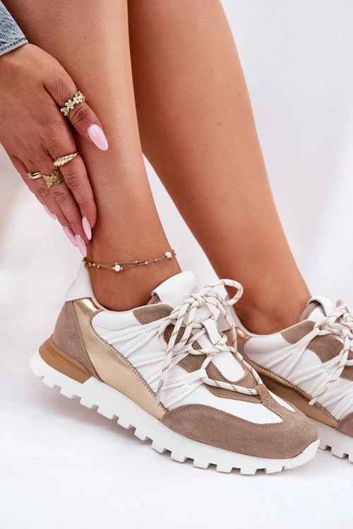 Skórzane Półbuty Sneakersy Damskie Artiker 56C1738 Beżowo-Złote