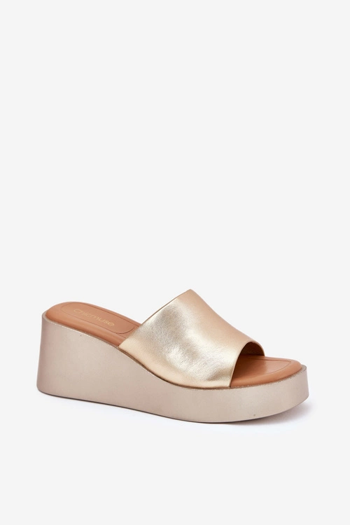 Klapki Damskie Na Koturnie Eko Skórzane Złote Obenae