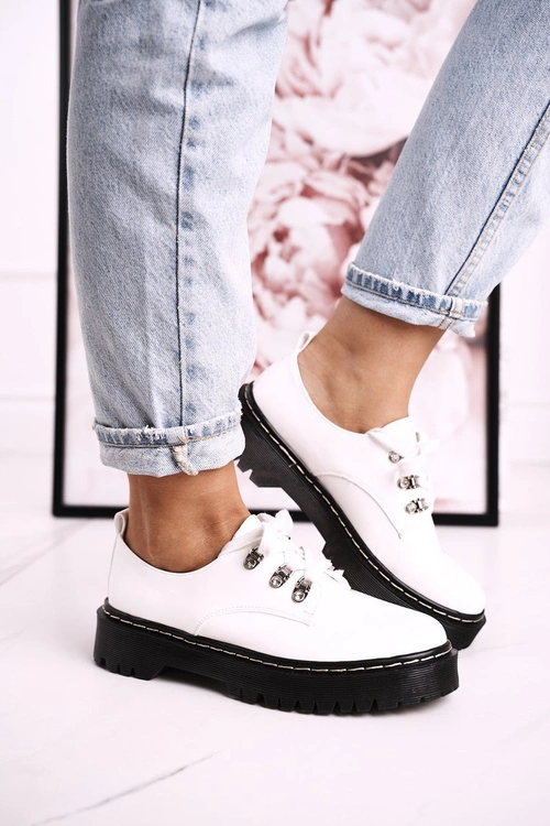 Damskie Półbuty Oxfordy Na Platformie S.Barski HX15 Lakierowane Białe