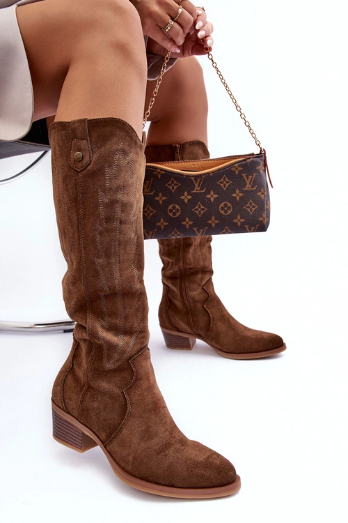 Zamszowe Kozaki Kowbojki Na Niskim Obcasie Brązowe Lunah