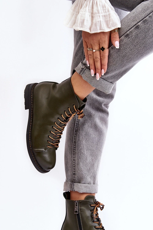 Skórzane Botki Trzewiki Damskie Zielone Ethel