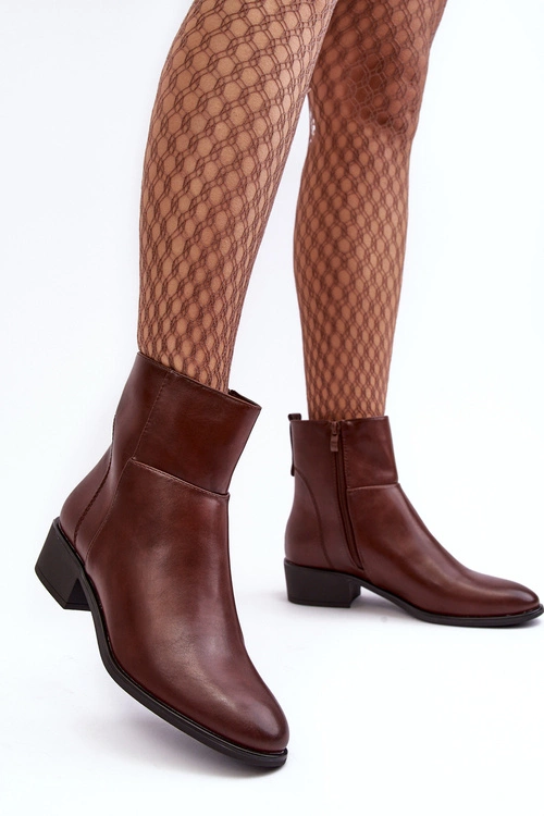 Damskie Skórzane Botki Na Suwak Brązowe Semotti