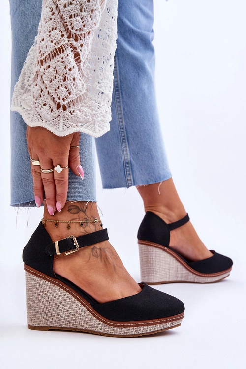 Damskie Klasyczne Sandały Na Koturnie Czarne Malani