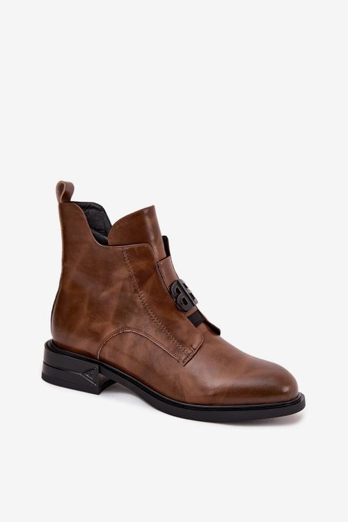 Ocieplane Skórzane Botki Damskie Z Ozdobnym Detalem Brązowe Briselda