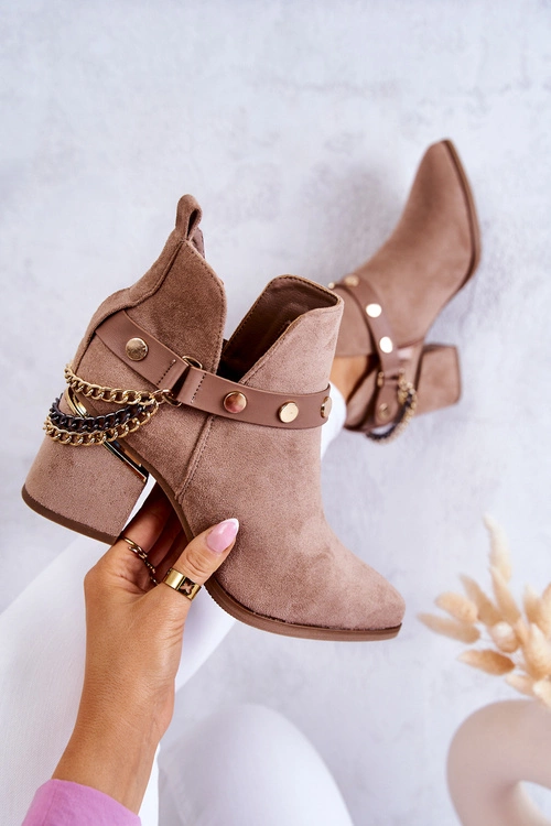 Zamszowe Damskie Botki Z Łańcuszkami Ciemnobeżowe Tracy