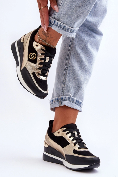 Damskie Sznurowane Buty Sportowe Na Koturnie Czarno-Złote Genova