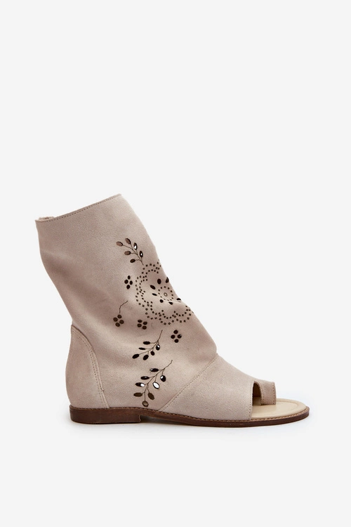 Zazoo 3437 Damskie Zamszowe Sandały Z Cholewką Na Zamek Jasnobeżowe