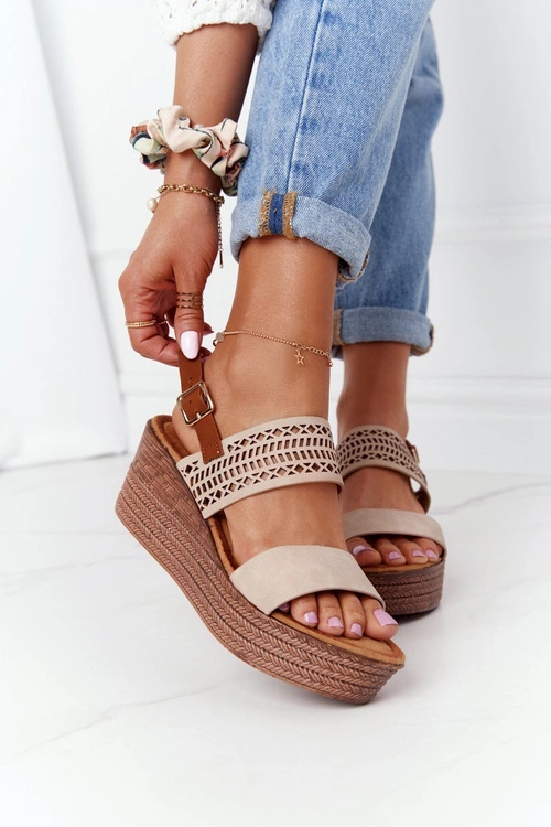 Ażurowe Sandały Na Koturnie S.Barski GD-47 Beżowe